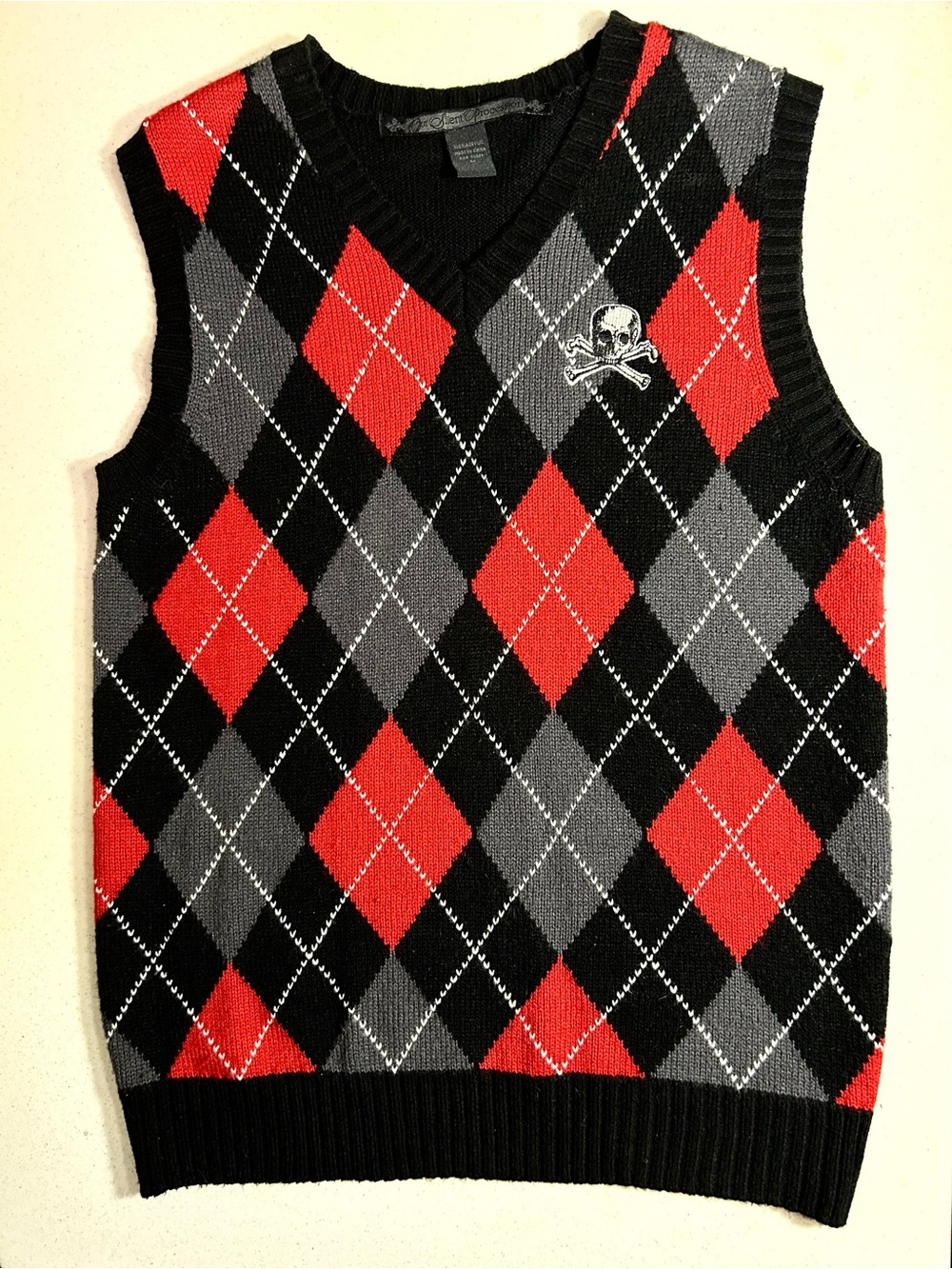 Argyle Skull Sweater Vest in Black, Red & Gray